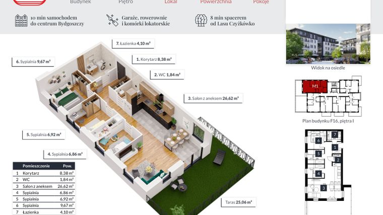 Rzut - Mieszkanie na sprzedaż 4 pokoje o powierzchni 64,39 m² - numer M1 w Tęczowy Zakątek F-16