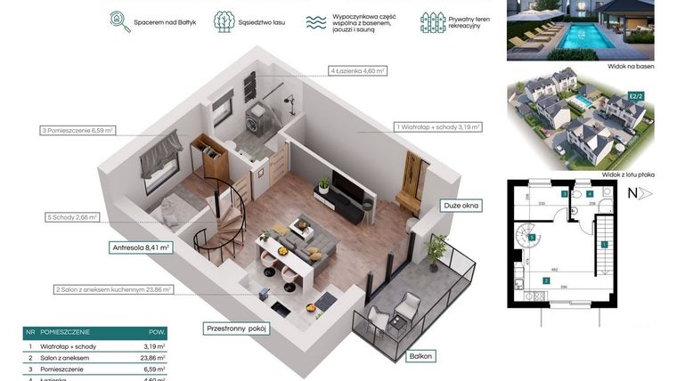 Rzut - Mieszkanie na sprzedaż 3 pokoje o powierzchni 50,27 m² - numer E2/2 w Bałtycka Oaza