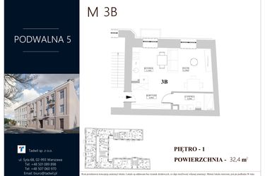 Rzut - Mieszkanie na sprzedaż 2 pokoje o powierzchni 32,4 m² - numer 3B w Podwalna 5