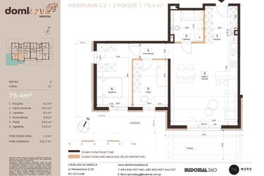 Rzut - Mieszkanie na sprzedaż 3 pokoje o powierzchni 75,4 m² - numer C2 w Domkove Widzew