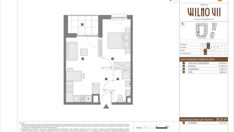 Rzut - Mieszkanie na sprzedaż 2 pokoje o powierzchni 36,23 m² - numer C.68 w Osiedle Wilno VII etap 3