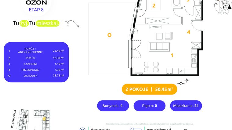 Rzut - Mieszkanie na sprzedaż 2 pokoje o powierzchni 50,45 m² - numer 4.21 w Osiedle Ozon etap VIII