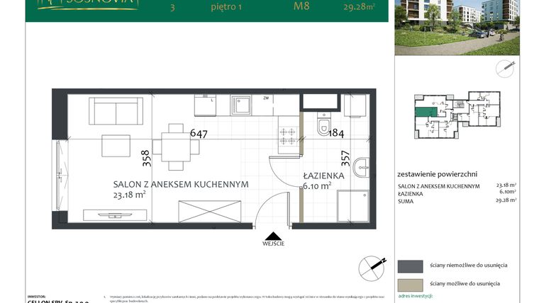 Rzut - Mieszkanie na sprzedaż 1 pokój o powierzchni 29,28 m² - numer 3.M8 w Sosnovia
