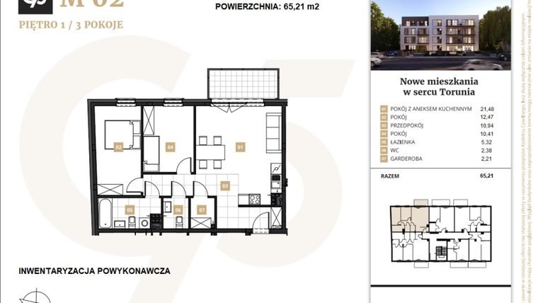Rzut - Mieszkanie na sprzedaż 3 pokoje o powierzchni 65,21 m² - numer 2 w Grudziądzka 75