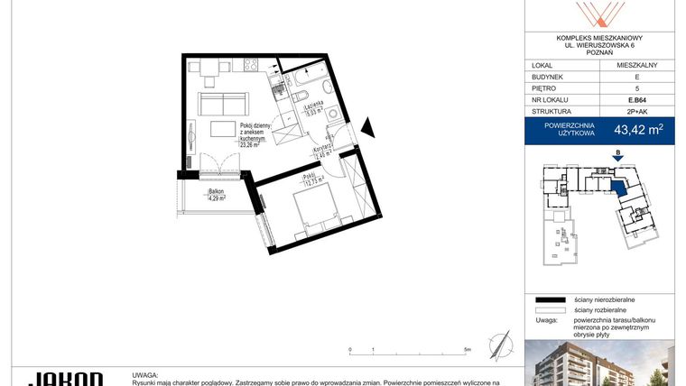 Rzut - Mieszkanie na sprzedaż 2 pokoje o powierzchni 43,42 m² - numer E.B64 w Wieruszowska E