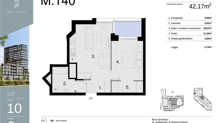 Rzut - Mieszkanie na sprzedaż 2 pokoje o powierzchni 42,17 m² - numer M140 w Sky Trust etap II