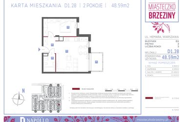Rzut - Mieszkanie na sprzedaż 2 pokoje o powierzchni 48,59 m² - numer D1.28 w Miasteczko Brzeziny II
