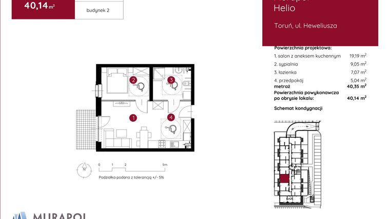 Rzut - Mieszkanie na sprzedaż 2 pokoje o powierzchni 40,14 m² - numer 2.A.0.06 w Murapol Helio