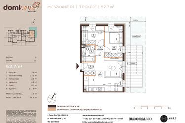 Rzut - Mieszkanie na sprzedaż 3 pokoje o powierzchni 52,7 m² - numer D1 w Domkove Widzew