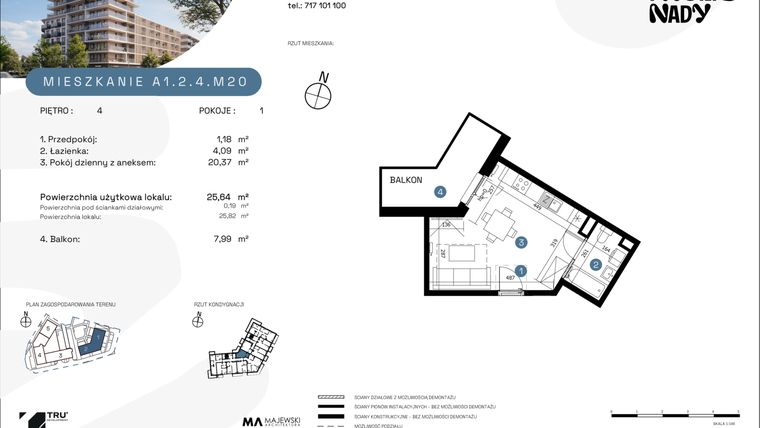 Rzut - Mieszkanie na sprzedaż 1 pokój o powierzchni 25,4 m² - numer A1.2.4.M20 w Nowe Promenady
