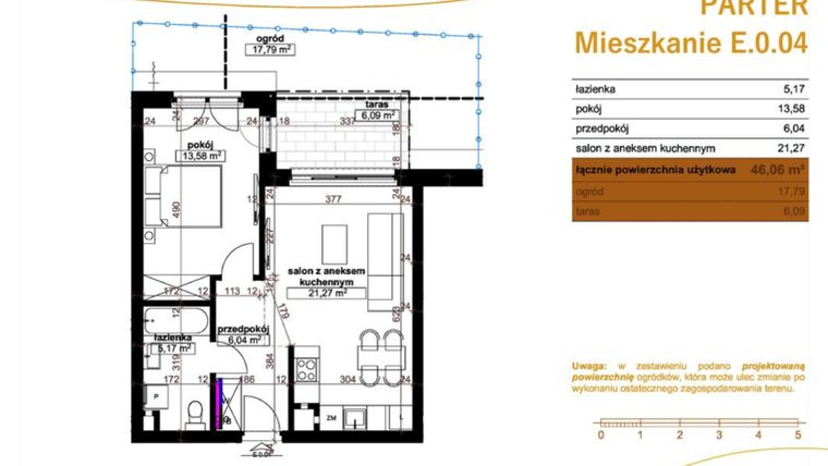 Rzut - Mieszkanie na sprzedaż 2 pokoje o powierzchni 46,06 m² - numer E.0.04 w Wzgórze Poetów 2