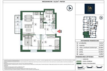 Rzut - Mieszkanie na sprzedaż 3 pokoje o powierzchni 53,21 m² - numer 6 w Osiedle przy Sportowej etap III