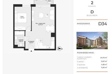 Rzut - Mieszkanie na sprzedaż 2 pokoje o powierzchni 45,48 m² - numer D34 w Na Koszutce II