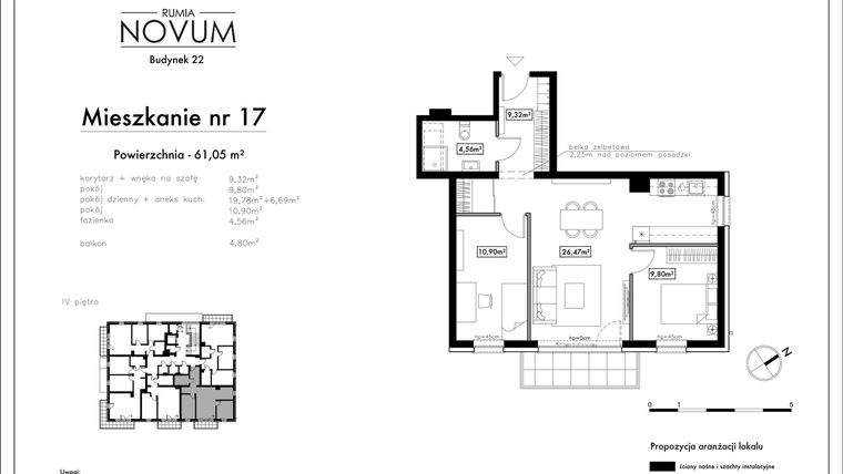Rzut - Mieszkanie na sprzedaż 3 pokoje o powierzchni 61,05 m² - numer B22.M2 w Novum Rumia - bud. 22