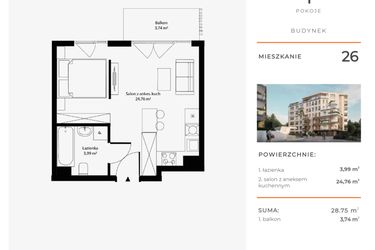 Rzut - Mieszkanie na sprzedaż 1 pokój o powierzchni 28,75 m² - numer 26 w Bytkowska 4.0