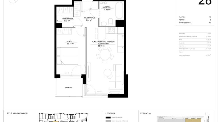 Rzut - Mieszkanie na sprzedaż 2 pokoje o powierzchni 46,41 m² - numer 28 w SILO
