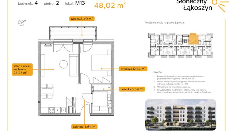 Rzut - Mieszkanie na sprzedaż 2 pokoje o powierzchni 48,02 m² - numer 4/M/2/13 w Osiedle Słoneczny Łąkoszyn bud. 4