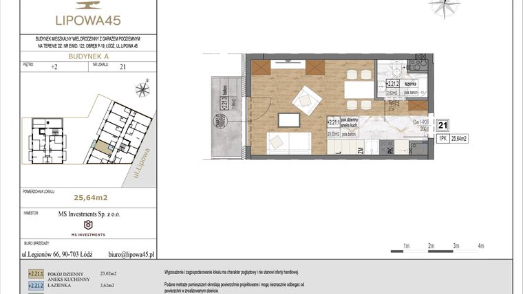 Rzut - Mieszkanie na sprzedaż 1 pokój o powierzchni 25,64 m² - numer A21 w Lipowa 45