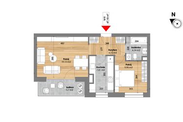 Rzut - Mieszkanie na sprzedaż 2 pokoje o powierzchni 47,19 m² - numer M6 w Przy Kochanowskiego