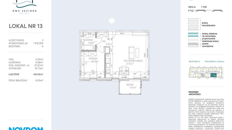 Rzut - Mieszkanie na sprzedaż 2 pokoje o powierzchni 48,02 m² - numer A.13 w Dwa Jeziora