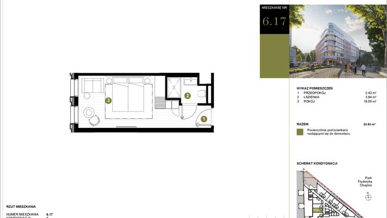 Rzut - Mieszkanie na sprzedaż 1 pokój o powierzchni 22,82 m² - numer 617 w Y3 Signature Hotel