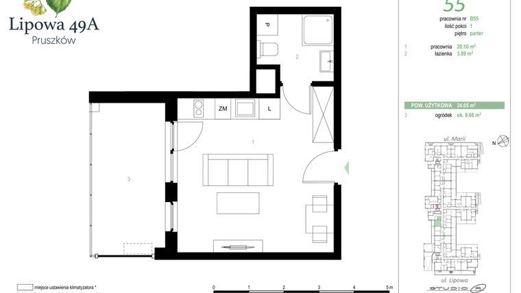 Rzut - Mieszkanie na sprzedaż 1 pokój o powierzchni 24,05 m² - numer 55B w Lipowa 49A - Apartamenty inwestycyjne