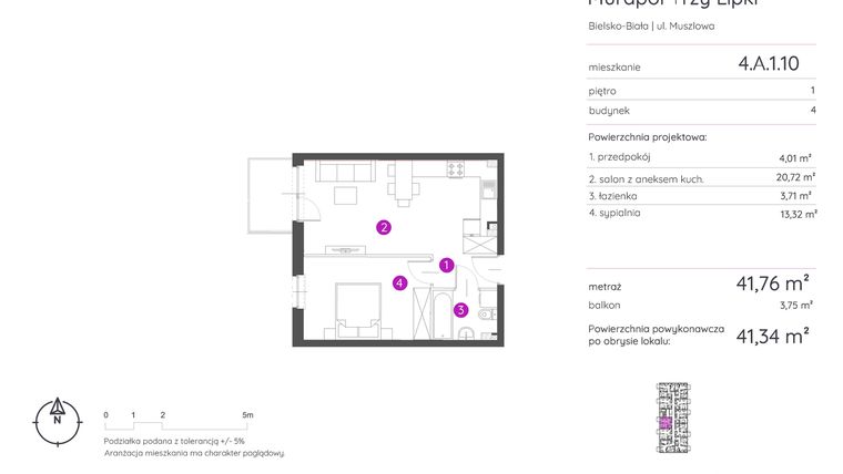 Rzut - Mieszkanie na sprzedaż 2 pokoje o powierzchni 41,34 m² - numer 4.A.1.10 w Murapol Trzy Lipki