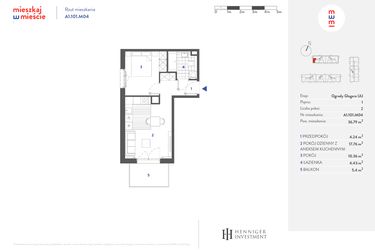 Rzut - Mieszkanie na sprzedaż 2 pokoje o powierzchni 36,77 m² - numer A1.101.M04 w Mieszkaj w mieście - Ogrody Glogera
