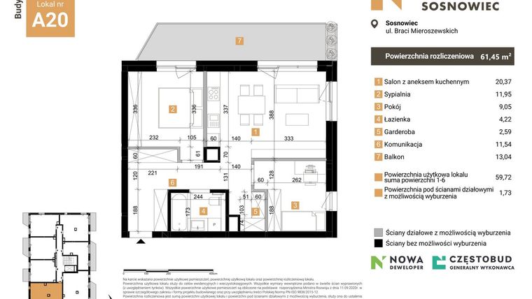 Rzut - Mieszkanie na sprzedaż 3 pokoje o powierzchni 61,45 m² - numer A20 w Nowy Sosnowiec