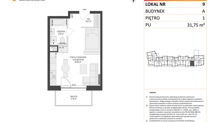 Rzut - Mieszkanie na sprzedaż 1 pokój o powierzchni 31,75 m² - numer A9 w Osiedle Warszawska etap IV