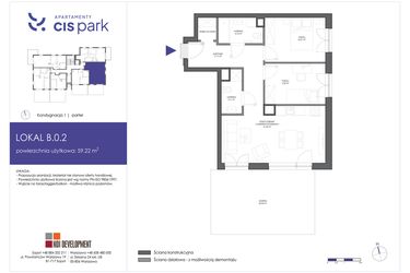 Rzut - Mieszkanie na sprzedaż 3 pokoje o powierzchni 59,22 m² - numer B.0.2 w CIS Park