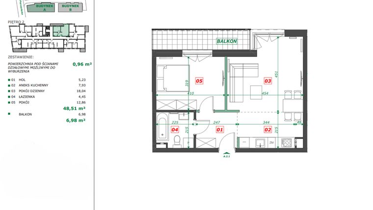 Rzut - Mieszkanie na sprzedaż 2 pokoje o powierzchni 49,47 m² - numer A.2.1 w Apartamenty Pszczyńska