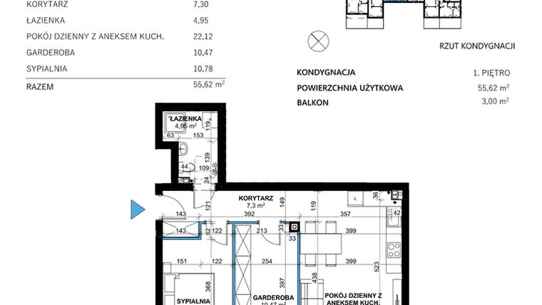 Rzut - Mieszkanie na sprzedaż 3 pokoje o powierzchni 55,62 m² - numer 4 w Comfort Corner