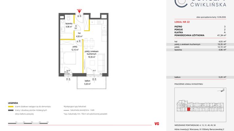 Rzut - Mieszkanie na sprzedaż 2 pokoje o powierzchni 41,34 m² - numer 22 w Concept Ćwiklińska