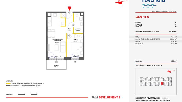 Rzut - Mieszkanie na sprzedaż 2 pokoje o powierzchni 40,2 m² - numer 45 w Miasteczko Nova Fala