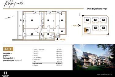 Rzut - Mieszkanie na sprzedaż 4 pokoje o powierzchni 87,84 m² - numer A1.1 w Brylantowa 10