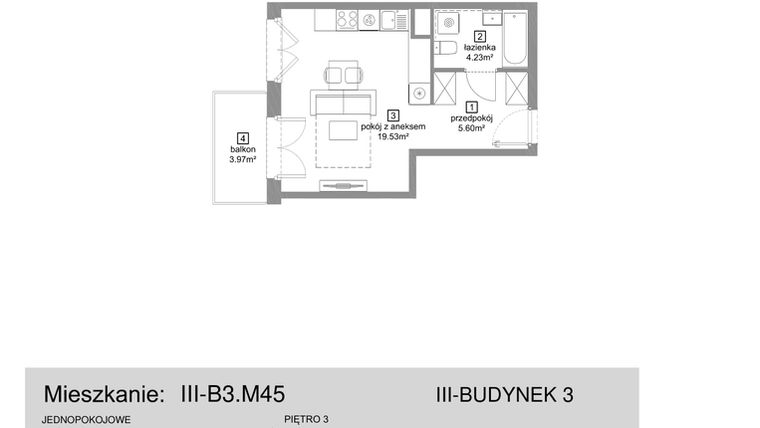 Rzut - Mieszkanie na sprzedaż 1 pokój o powierzchni 29,36 m² - numer III-B3.M45 w Strefa Cegielnia 3