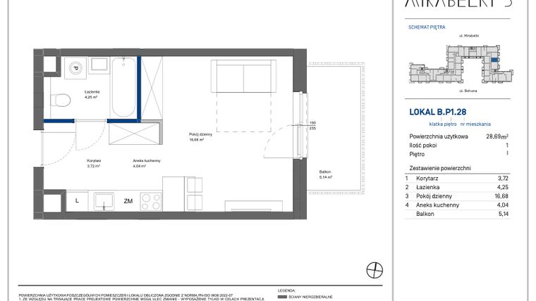 Rzut - Mieszkanie na sprzedaż 1 pokój o powierzchni 28,69 m² - numer B.P1.28 w Mirabelki 5