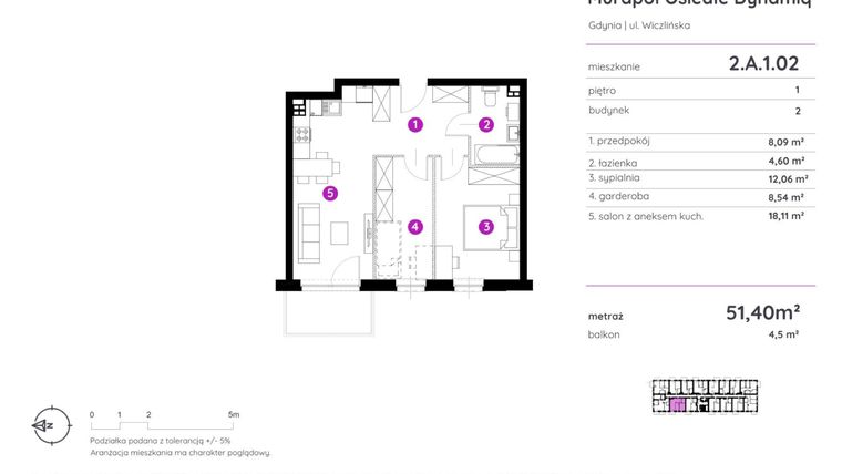 Rzut - Mieszkanie na sprzedaż 2 pokoje o powierzchni 51,4 m² - numer 2.A.1.02 w Murapol Osiedle Dynamiq