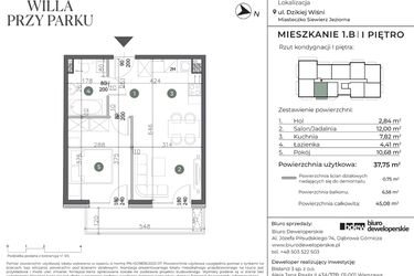 Rzut - Mieszkanie na sprzedaż 2 pokoje o powierzchni 37,75 m² - numer 1.B w Willa przy parku