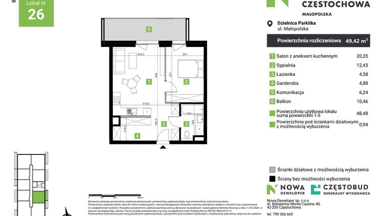 Rzut - Mieszkanie na sprzedaż 2 pokoje o powierzchni 49,42 m² - numer D26 w Nowa Częstochowa Małopolska etap II