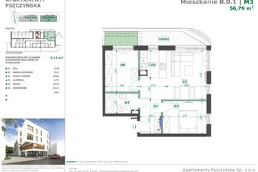Rzut - Mieszkanie na sprzedaż 3 pokoje o powierzchni 56,79 m² - numer B.0.1 w Apartamenty Pszczyńska