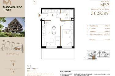 Rzut - Mieszkanie na sprzedaż 2 pokoje o powierzchni 36,92 m² - numer M53 w Massalskiego Trust