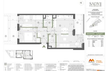 Rzut - Mieszkanie na sprzedaż 3 pokoje o powierzchni 62,77 m² - numer F2.D.00.01 w Sady Żoliborz II