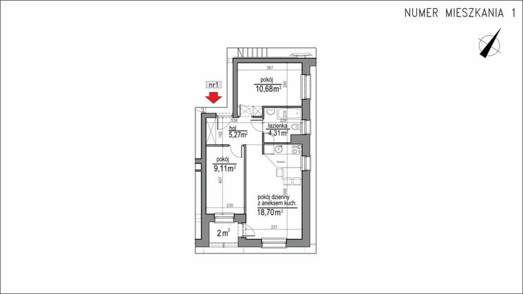 Rzut - Mieszkanie na sprzedaż 3 pokoje o powierzchni 48,07 m² - numer 1m.1 w Osiedle Rytm