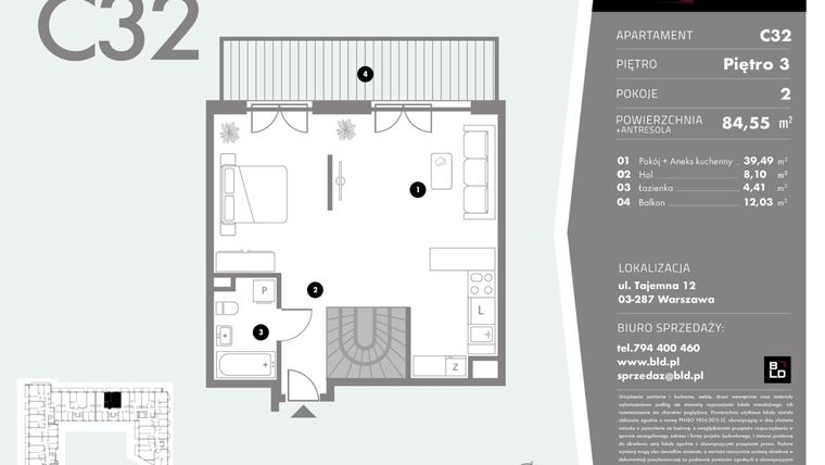 Rzut - Mieszkanie na sprzedaż 1 pokój o powierzchni 84,55 m² - numer C32 w Livo