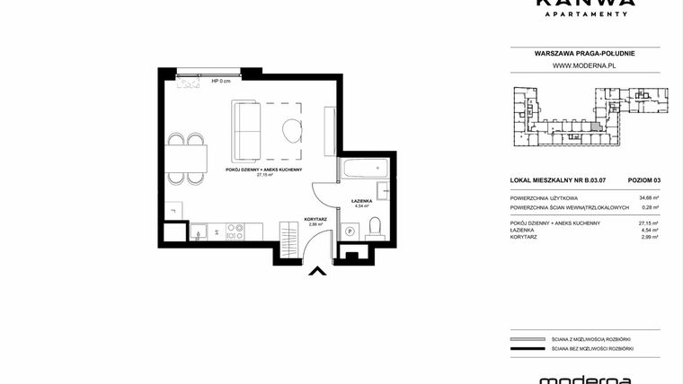 Rzut - Mieszkanie na sprzedaż 1 pokój o powierzchni 34,68 m² - numer B.03.07 w KANWA