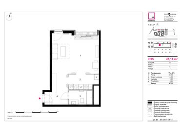 Rzut - Mieszkanie na sprzedaż 1 pokój o powierzchni 47,11 m² - numer H25 w 19. Dzielnica Etap V