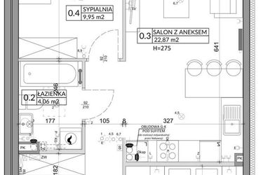 Rzut - Mieszkanie na sprzedaż 3 pokoje o powierzchni 57,39 m² - numer 60A w Osiedle Młodych etap IX