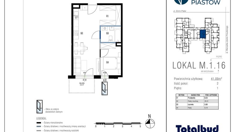 Rzut - Mieszkanie na sprzedaż 2 pokoje o powierzchni 41,09 m² - numer M.1.16 w Viva Piastów